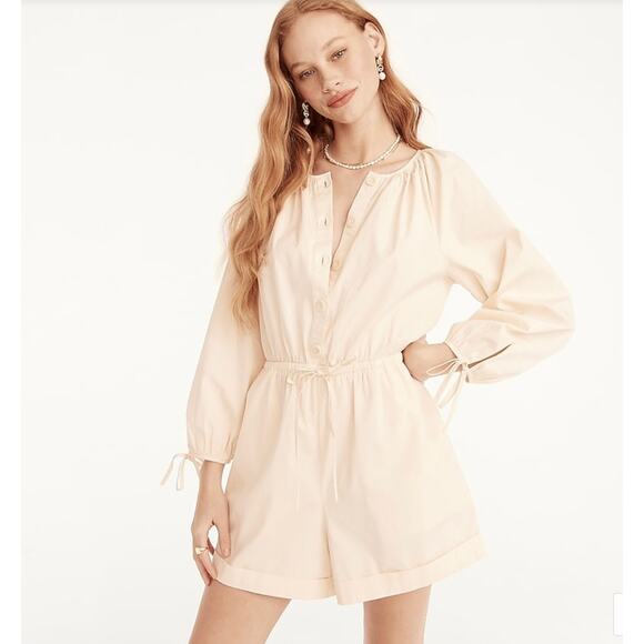 NWT J.Crew Cotton Poplin Tie-Sleeve Button-Front Romper Pale Peach Size Small